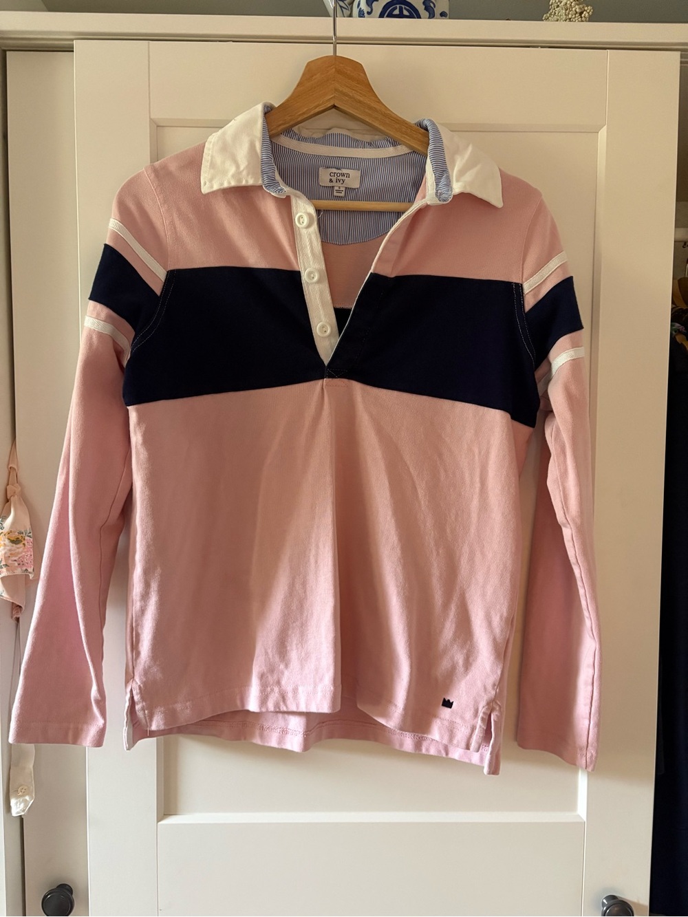 crown & ivy Pink Rugby Polo with Navy Chest Stripe